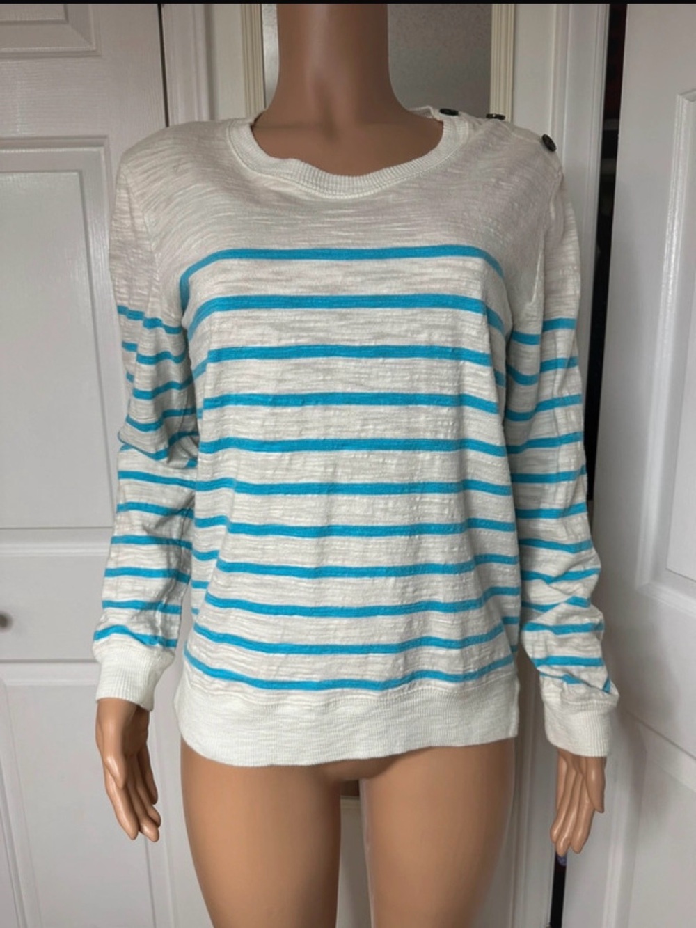 Banana Republic Women’s Medium Blue Striped Slub Knit Cotton Sweater